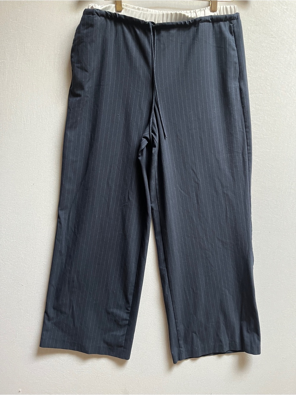 Zara "Layered Boxer" Pinstripe Wide Leg Trousers Drawstring Pleated Pants Sz M